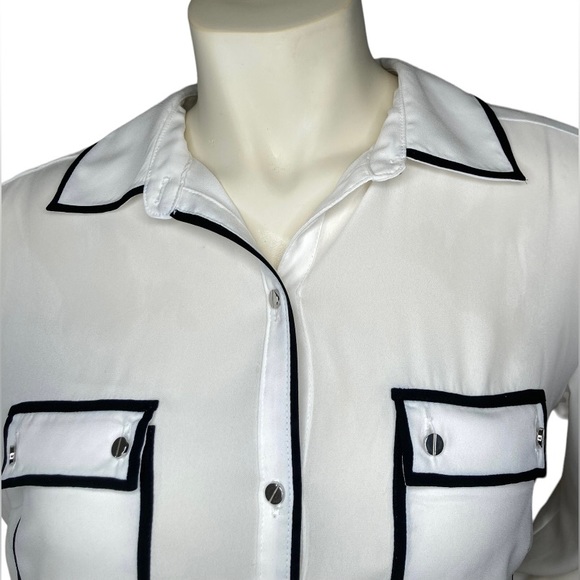 7TH AVENUE NEW YORK & COMPANY White & Black Button Up Long Sleeve Blouse Shirt,L - Picture 6 of 16